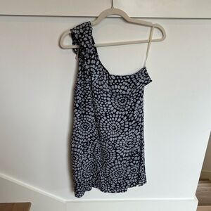 Audrey One Shoulder Ruffle Navy and White Circle Pattern Dress NWT Medium